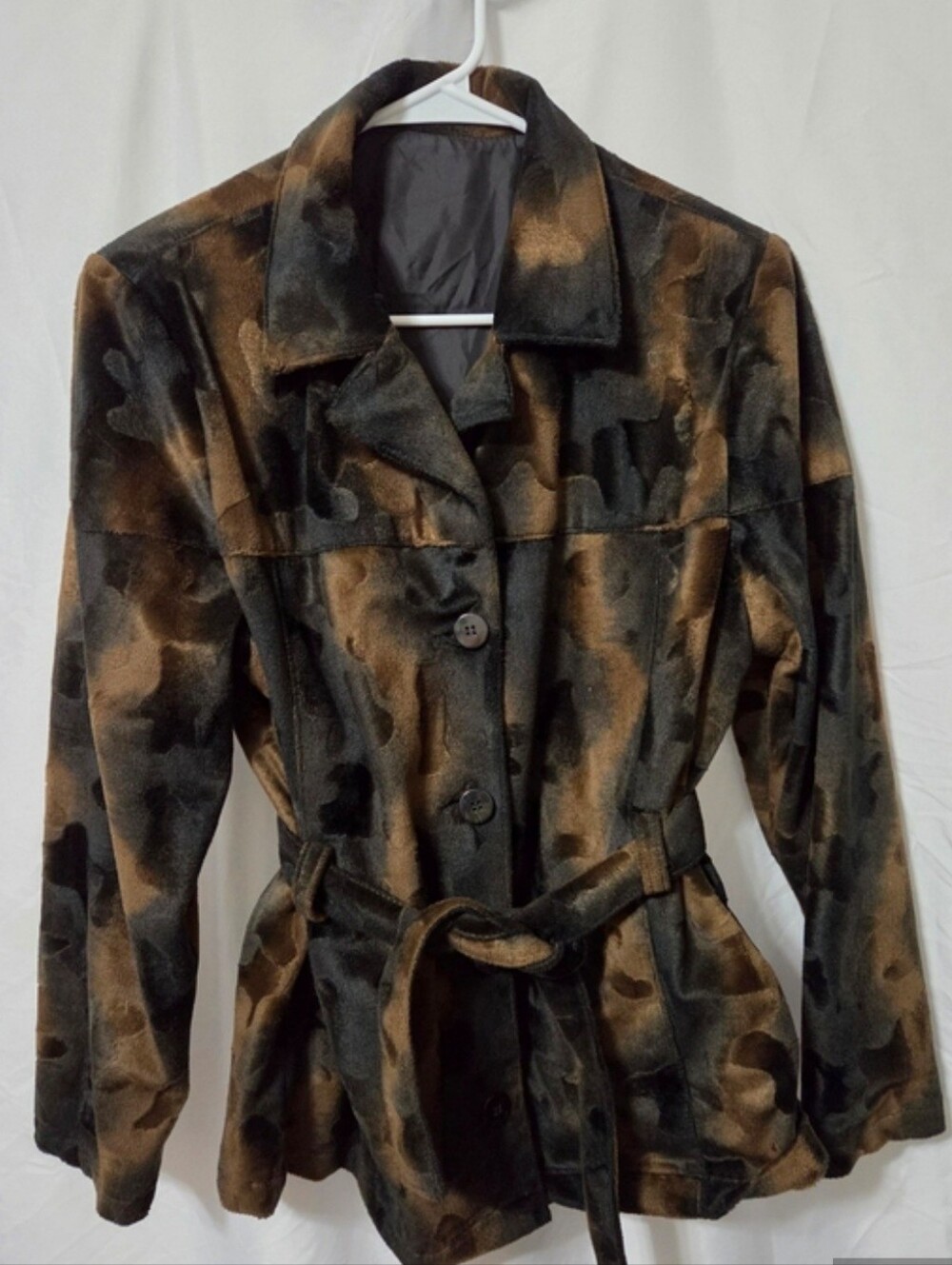 Faux Fur Belted Peacoat Jacket Brown&Black Camouflage Coloring, Medium, Like New
